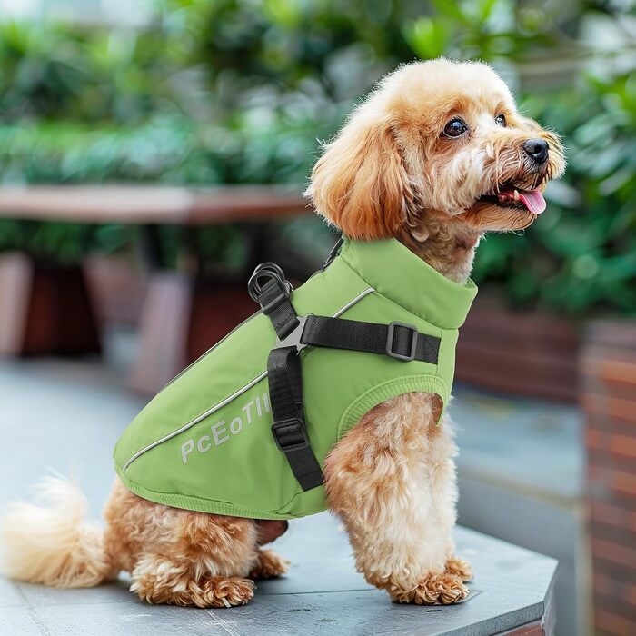 Водонепроникний теплий зимовий одяг для собак - куртка-комбінезон для маленьких собак, з отвором для повідка, відбиваючий, зелений