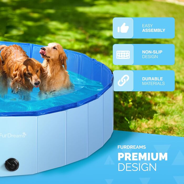 Складаний басейн для собак Furdreams XL 160x30 см, жорсткий пластик, переносна ванна для тварин, дитячий річний басейн із ПВХ, нековзка поверхня для двору та саду