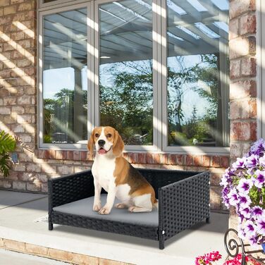 Собаче ліжко SOARS з ротангу, кошик для собак з подушкою, знімний та пральний чохол, підняте собаче ліжко для маленьких та середніх собак, диван для собак для дому та на вулицю, 62 x 46 x 25 см