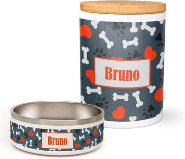 PICANOVA Набір мисок та контейнерів для корму та ласощів для собак з іменем - Персоналізований набір у різдвяному дизайні - Керамічний набір мисок та контейнерів як подарунок для власників домашніх тварин - Дизайн Candy Bones (набір сердечок та лапок)