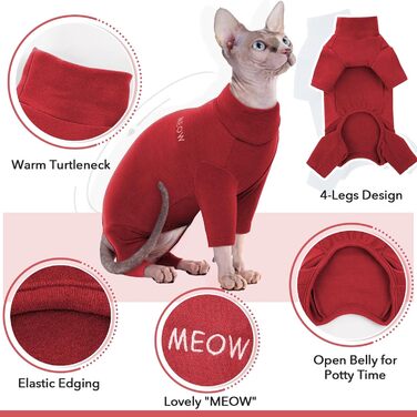 Піжама для котів після операції, боді для відновлення після операції, анти-слинящий, з довгим рукавом, 4 ноги (червоний, M)
