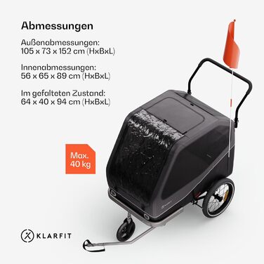 Причіп для собак Klarfit Goldie Home, 334 л, водовідштовхувальний, для дому та вулиці, вантажопідйомність 40 кг, складаний, 16-дюймові колеса