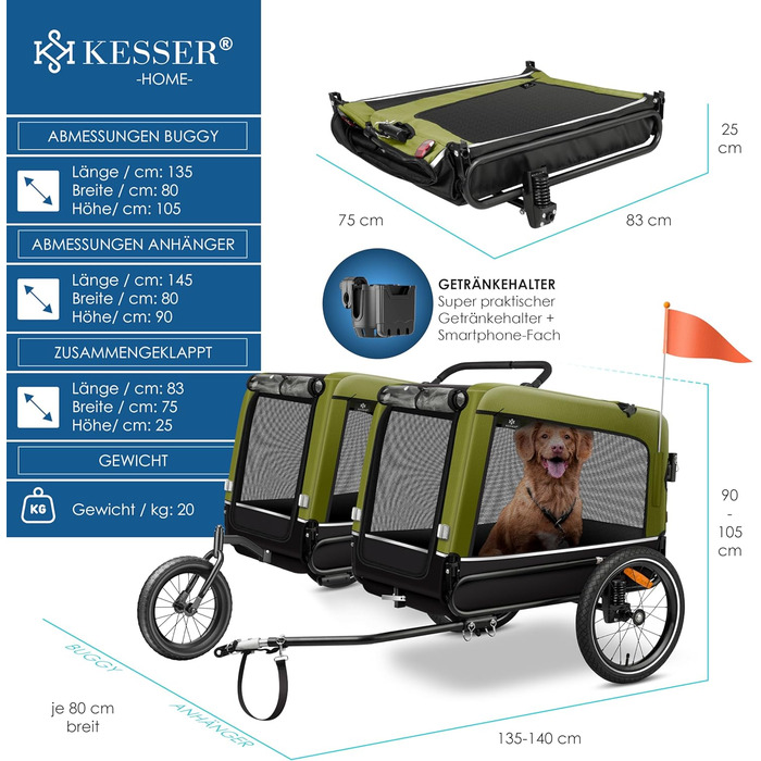 KESSER® причіп-візок для собак Boxer 3в1, велосипедний, прогулянковий, 240 л, 600D Оксфорд, амортизований, до 40 кг, з тримачем для напоїв