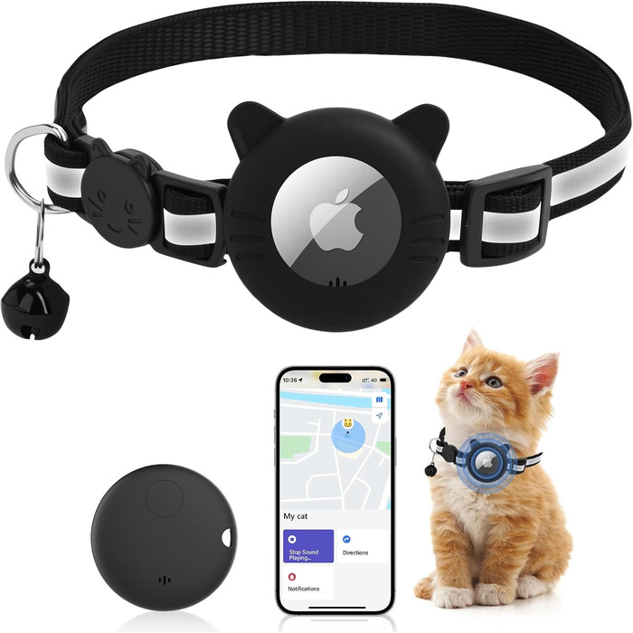 Робофан SmartTag ошийник для кота з GPS трекером, відбиваючий, сумісний з Apple Find My (тільки iOS), чорний