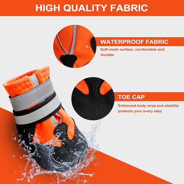 Водонепроникні чоботи для собак, 4 шт. Антиковзкі чоботи для собак з відбиваючим ремінцем, дощовики для собак, захист лап для малих, середніх та великих собак (S, Помаранчевий)