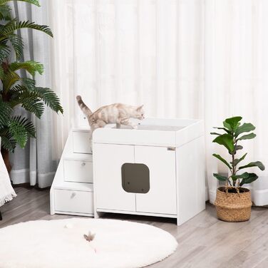 Шафа для котячого туалету PawHut, біла, 90x48x59 см, з 3-рівневою драбиною, котячий будиночок з отвором у дверцятах