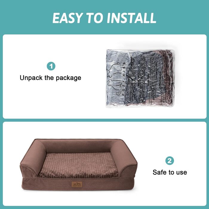 Ортопедичне ліжко для собак маленьких порід, водонепроникне диван-ліжко з бортиками, з підтримуючою піною, знімний та пральний чохол, водонепроникне дно, антиковзаюче (M 91*69*19 см, Колір: Коричневий)