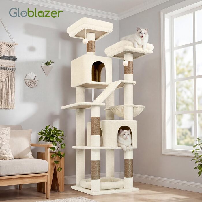 Драбина-кіготь Globlazer для котів та собак, 189 см, XXL, бежевий. 2 будиночки, 2 сидіння, кошик, килимок з сизалю, лежанка для собак