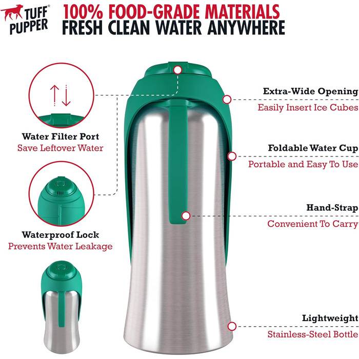 PupFlask пляшка для води для великих собак 800/1200 мл, нержавіюча сталь, портативна поїлка для собак і цуценят, герметична, для подорожей, підходить для всіх порід