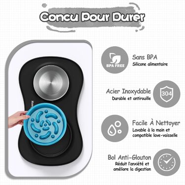 Набір мисок для собак MateeyLife 3-в-1: миска для їжі протиковзаюча, миска для води з нержавіючої сталі та силіконова підставка. Підходить для собак, котів та цуценят різних порід. Чорний колір.