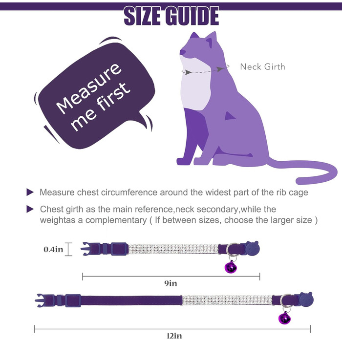 Нашийник для котів ExPawlorer з дзвіночком та стразами, м'який оксамит, безпечний, регульований, для котів та маленьких собак, 2 шт. (чорний та фіолетовий), 9'-12'