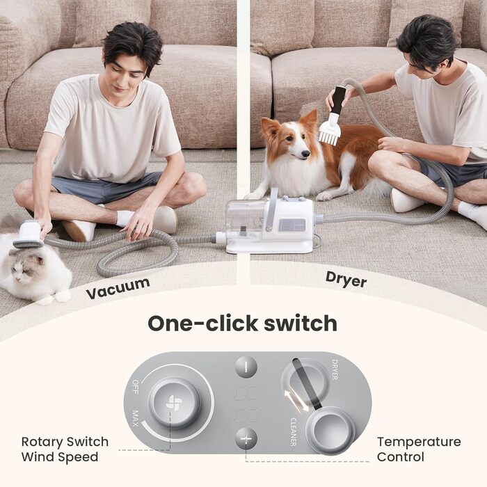 Pecute 2-в-1 Фен для собак, сушар для собак та пилосос, 1.7л контейнер для сміття, багатофункціональний набір для догляду за домашніми тваринами з тримером для собак та інструментами для грумінгу, підходить для цілорічного використання