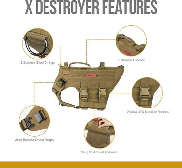 OneTigris тактична шлейка для собак X Destroyer, регульована анти-заплутувальна, з 3 ручками і 2 металевими застібками, проти втечі, безпечна, коричнева, розмір S
