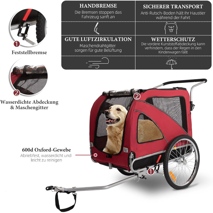 XL велосипедно-біговий перевізник для собак 2-в-1 з гальмом та світловідбивачами, 600D Oxford, до 40 кг (Червоний)