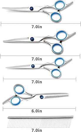 Професійний набір ножиць для грумінгу собак з нержавіючої сталі, 7.0 дюймів. Набір для догляду за тваринами: прямі, вигнуті ножиці, витончувач, гребінець для довгого та короткого волосся собак/кішок/домашніх тварин
