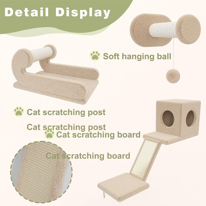 Комплекс для котів BYBYME з гамаком, ліжком та високими полицями для кількох котів, плюшевий лежак, когтеточка та стовпчики з сизалю, 6 шт., міцні меблі для лазіння (бежевий, 5 шт. з довгою перемичкою)