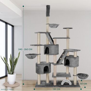 Дряпак для котів HAPPYPET Simba XXL до стелі 260 см, сірий, з будиночками, сходами, лежанками, 9 см стовпи, стабільний, багато аксесуарів