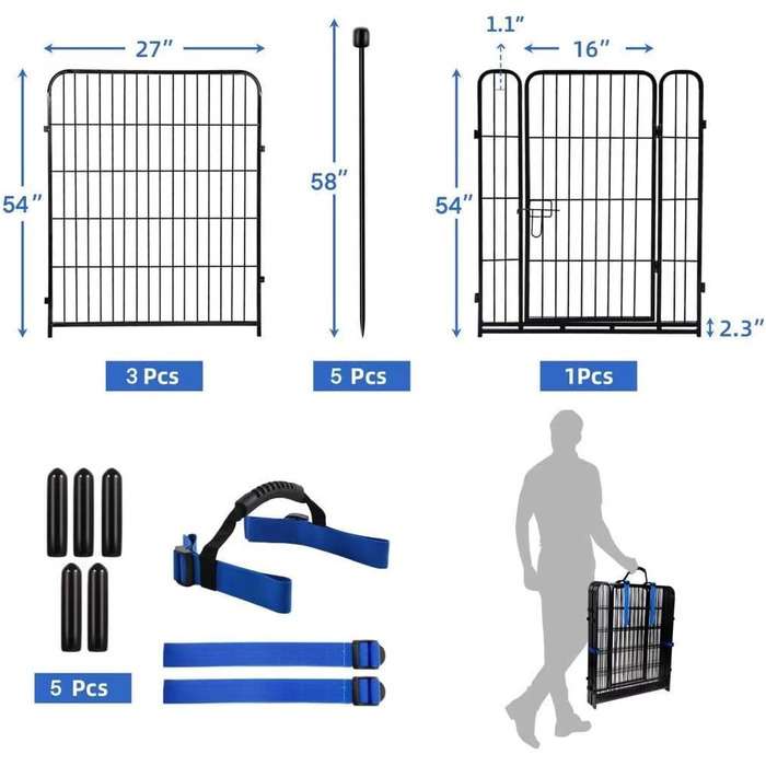 Захисний загін для собак ADAVIN: сталевий загін для саду, 61 см (В) × 3 м (Д), 4 панелі + ворота, чорний, міцний, для внутрішнього та зовнішнього використання