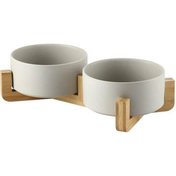 Двомісна керамічна годівниця для собак та котів з дерев'яною підставкою, Fressnapf, 2 керамічні миски по 400 мл, сірий колір