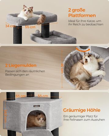 Кігтеточка Feandrea для котів, велика, багатоярусна, XXL, 55 x 55 x 186,7 см, товщина сизалю 11 см, для великих порід котів (Мейн-кун), сіро-чорна, артикул PCT008G02