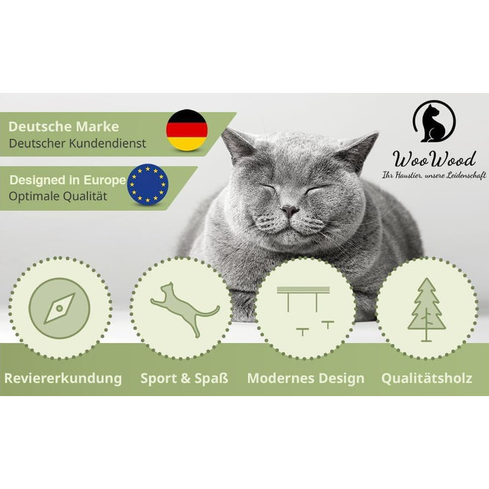 WOOWOOD® Стіна для лазіння котів з 2 сходами, дерев'яна полиця, настінний комплекс для котів, кріплення на стіну, гамак і когтеточка, меблі для котів з масиву дерева, вироблено в Європі