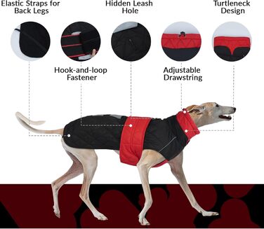 Зимовий теплий дощовик для собак Віндхунд (Whippet) - червоний, з відбиваючими смугами