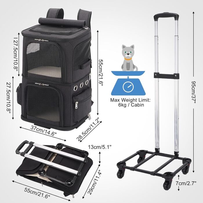 Транспортна переноска для котів на 2 котів до 12 кг, чорна, знімні дверцята