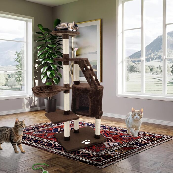 Дерев'яний кігтеточка для котів Beltom® з ігровим комплексом, 120 см, коричнева