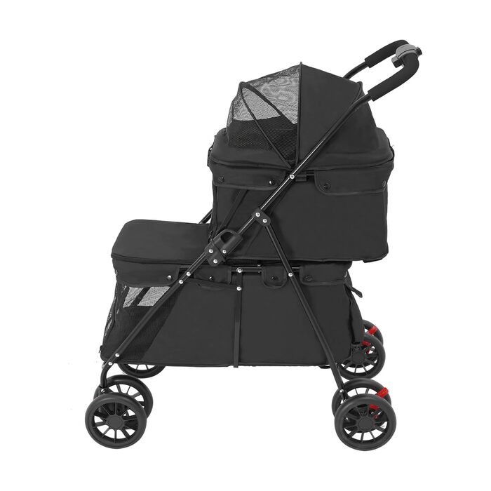 Двоповерховий візок для собак, складаний візок для котів з ременями безпеки, гальмами, вантажопідйомність 15 кг на кожному поверсі, для собак та котів середніх та маленьких порід, чорний