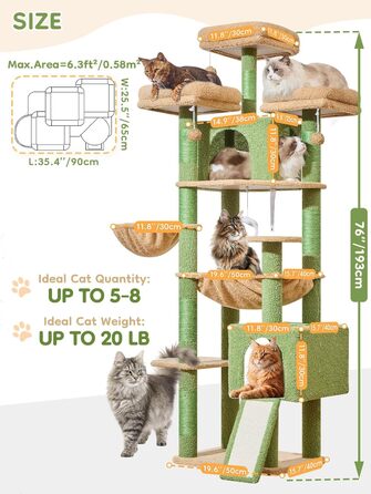 Кігтеточка для котів Taoqimiao 193 см, велика, XXL, з будиночками, гамаком, кошиком та 7 стовпчиками для заточування кігтів, сірий/зелений (MS047G)