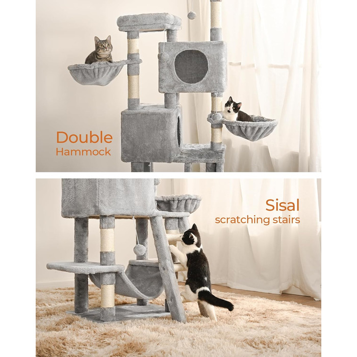Котячий дряпак FourFurPets 160 см, з платформами, будиночками, кошиками, гамаком і іграшками, світло-сірий