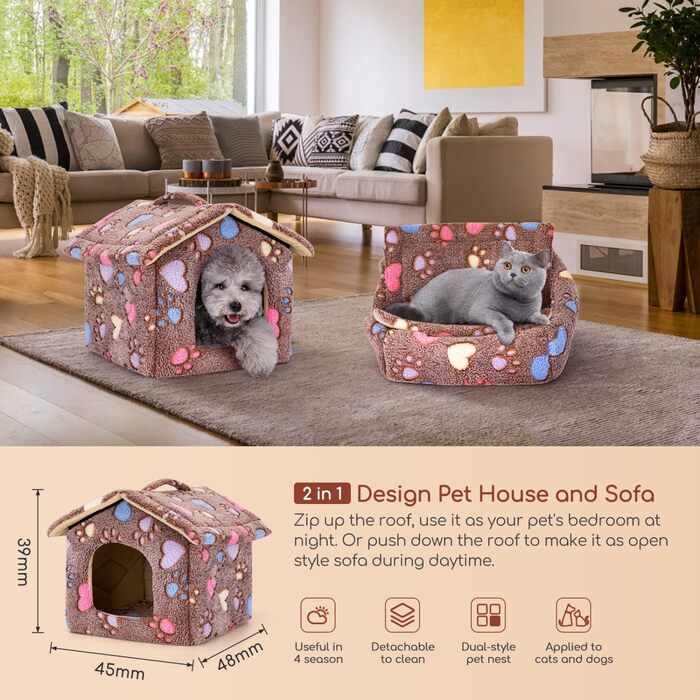 Будка для собак і котів Nobleza, зимостійка, розмір S, 42x39x33 см, портативна, знімний дах, миється, з матрацом, коричнева