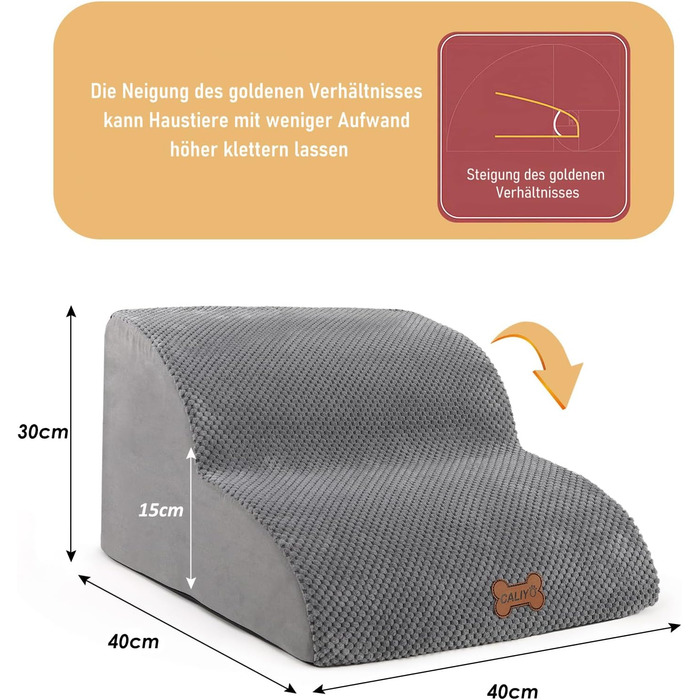 Сходинки для собак Caliyo: 3 сходинки, для маленьких собак, з високощільним губчатим матеріалом, знімний та миючий чохол, неслизьке дно (60 x 40 x 40 см, сірий)