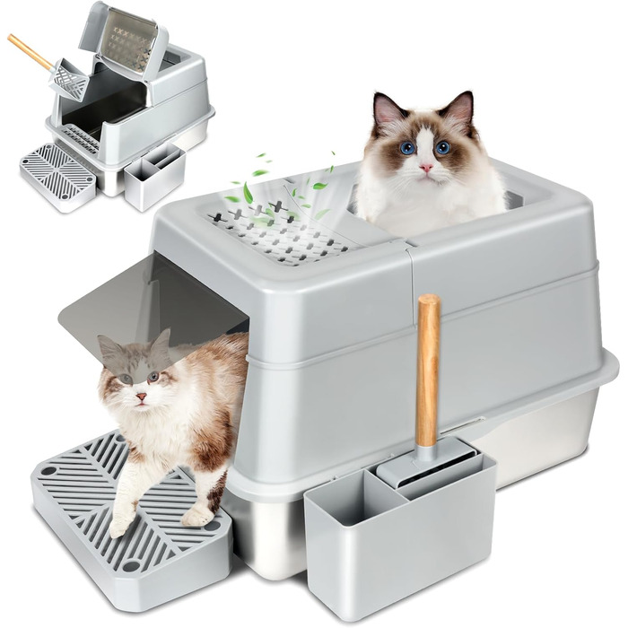 INSMEER котячий туалет з нержавіючої сталі XXL 30L з кришкою, для великих котів до 15 кг, з лопаткою, верхнє відкриття, герметичний, легке очищення, 60x42x38 см