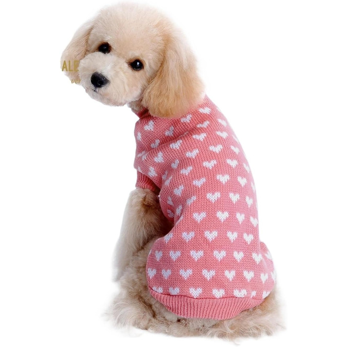 Теплий зимовий светр для домашніх тварин з сердечками для собак та котів середніх та маленьких порід – милий та затишний одяг для холодної погоди, рожевий, розмір S