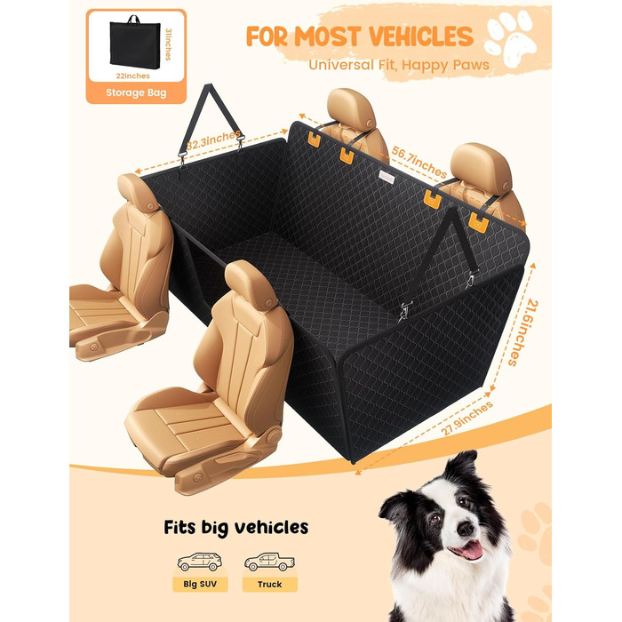 Захист для заднього сидіння авто Lamicall: водонепроникний килимок для собак, міцний, до 195 кг, для легкових автомобілів та SUV
