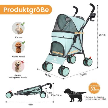 Візок для собак Regenschirm Hundebuggy для маленьких собак 10-9 кг, розкладний, легкий, 4.1 кг, з подвійним плечовим ременем, кошиком для зберігання, тримачем для напоїв, Темно-зелений (Блакитно-зелений)