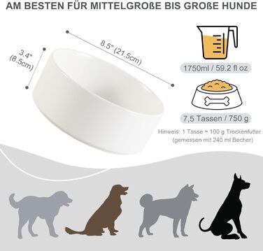 Керамічна миска для собак - неслизька, для маленьких та середніх собак, для води та корму. Керамічна миска для котів. Біла, 15 см, 720 мл