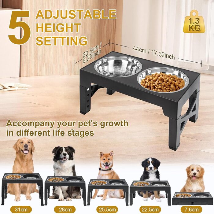 Підвищений годівниця для собак з підставкою, 2 миски, регульована висота, для собак малих, середніх та великих порід