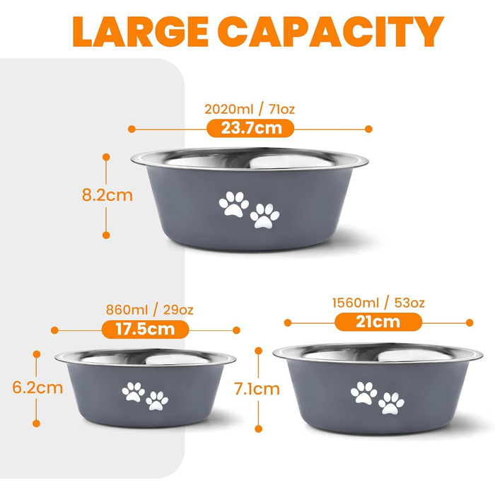 PETTOM Миски для собак 2 шт. з нержавіючої сталі (3120 мл), миски для корму для собак, миски для води з неслизьким силіконовим дном для великих, середніх та маленьких собак, сірі, 21 см