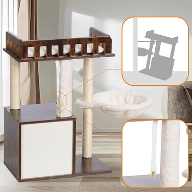 Дряпальня для котів Heybly з платформою 30x50 см, кігтеточкою з кошиком та 2-ма сизалевими стовпчиками, стабільна, для котів середніх та маленьких порід, колір: vintage brown (HCT007SSR)