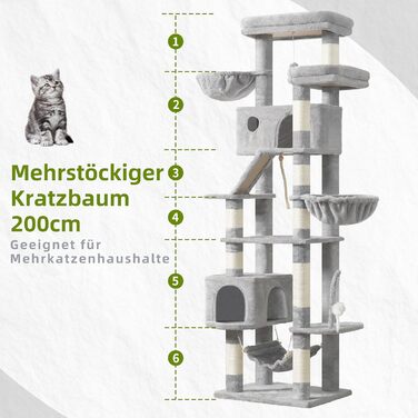 Великий котячий будиночок Kratzbaum GCT031W 200 см сірий: кігтеточка, платформа, гамак, печери для котів