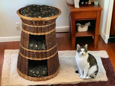 Корзина для котів для сну – котяча хатинка для дому – розмір 43 x 49 x 70 см, кругла – котяча хатинка з лози, трирівневе ліжко для собак або котів з пральним подушками в бежевому кольорі – лакована корзина (подушка темно-коричнева)
