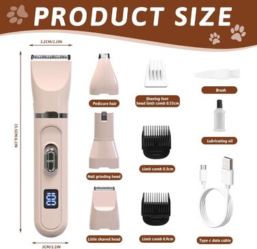 Машинка для стрижки собак, триммер для лап, шліфувальник лап для собак, триммер для лап собак з LED, машинка для стрижки шерсті собак та котів, для тіла (білий, рожевий)