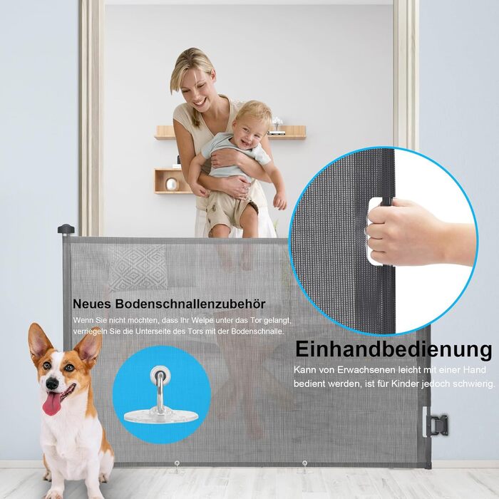 Захист для сходів з замком, розтяжне захисне ворота для дітей та собак, ширина 150 см, висота 83 см, сірий