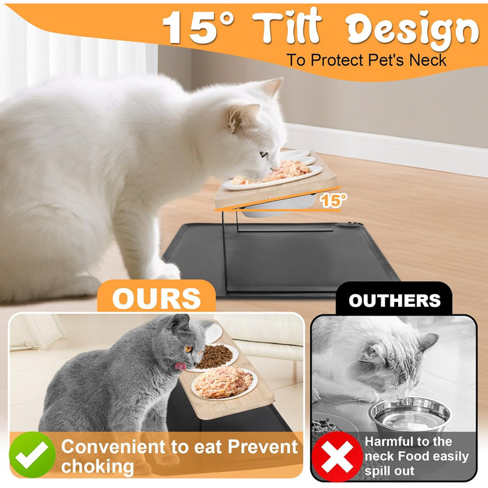 Набір мисок для котів BBWELL Ceramic: 3 шт. з кераміки, похил 15°, антиковзний бамбук, для котів та маленьких собак