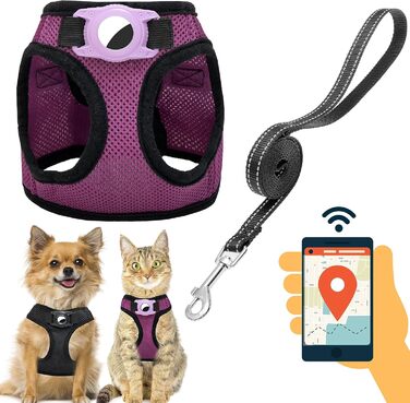 Нашийник для собак з кріпленням для Airtag, для малих собак, цуценят, котів, без натягування, відбиваючий поводок, комплект для прогулянок, тренувань, подорожей, догляду за шерстю, SMALL (обхват грудей: 30-38 см), фіолетовий