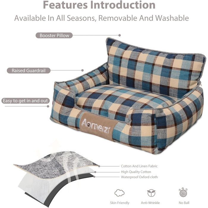 Ортопедичне собаче ліжко PETCUTE з підголовником, блакитне, для собак середніх та великих порід, знімний, washable, антиковзне, м'яке