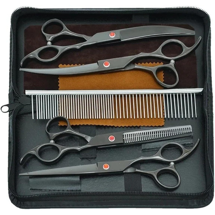 Професійний набір ножиць для грумінгу собак та котів 5 в 1: прямі, вигнуті, розріджуючі ножиці та гребінець для догляду за шерстю