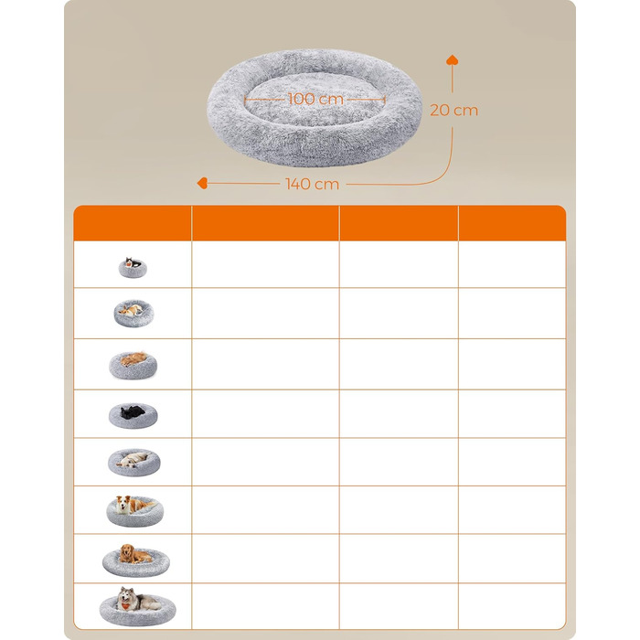 Кругле ліжко для собак та котів Feandrea з м'яким плюшем, діаметр 140 см, Ombré-Сірий колір, знімний наповнювач